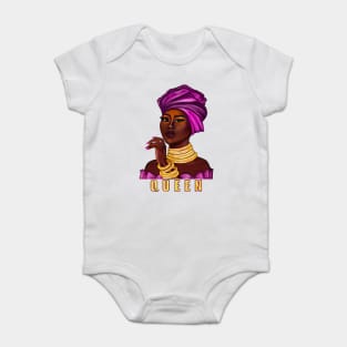 Queen - yass queen - Black is beautiful black girl with Gold bangles, neck ring necklace, purple dress and head wrap, brown eyes and dark brown skin ! Baby Bodysuit